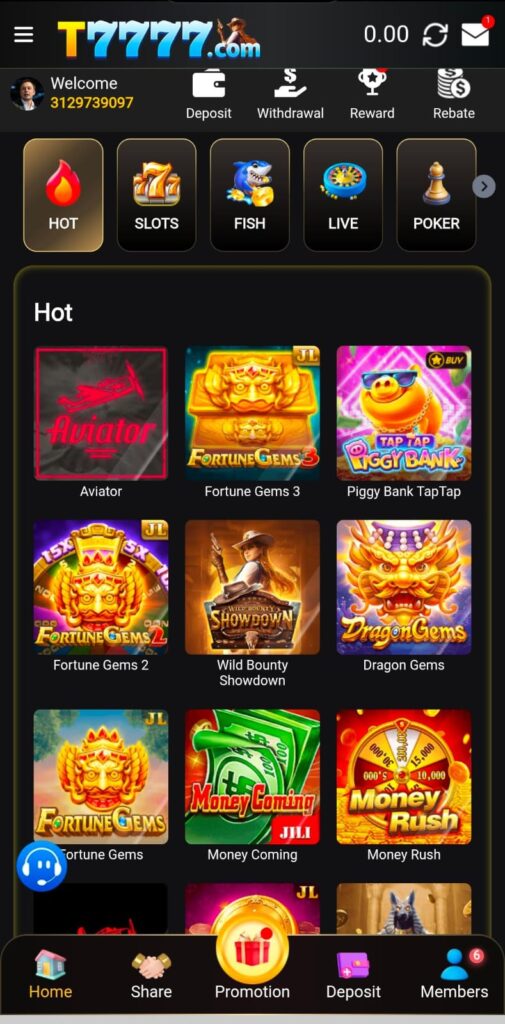 T7777 Game home screen
