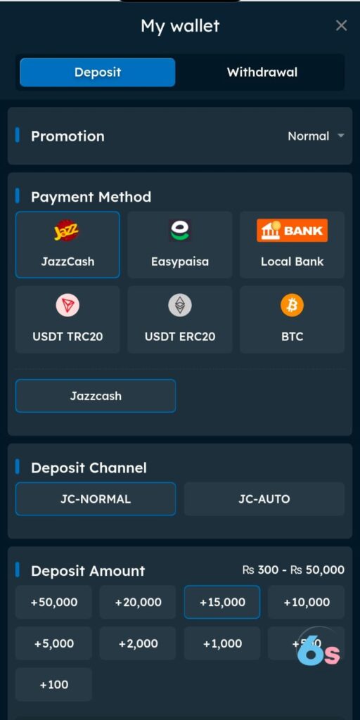 Six6s Game deposit options