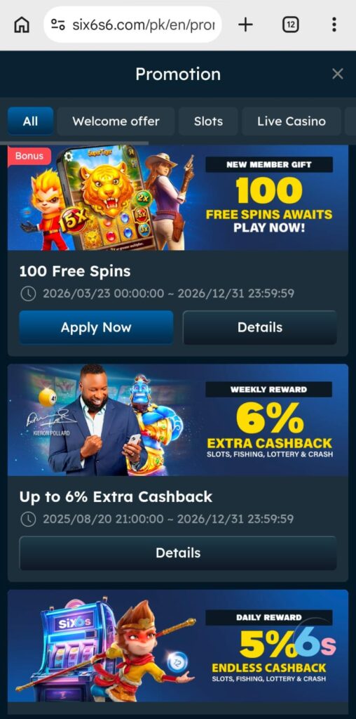 Six6s Game rewards and bonus section