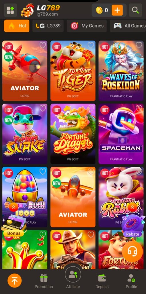 LG789 Game home screen with Aviator