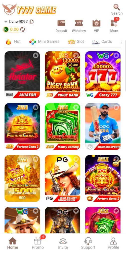 Y777 Game home screen interface