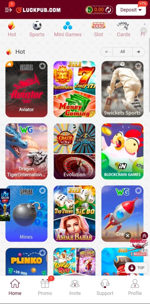 Luckpub Game home screen interface