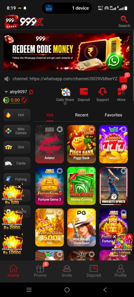 999SX Game home screen interface