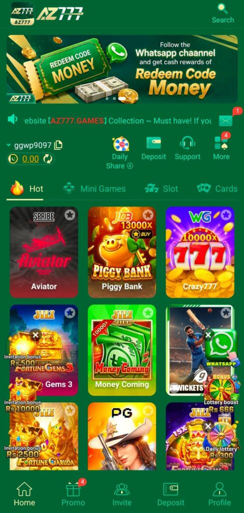 AZ777 Game home screen interface