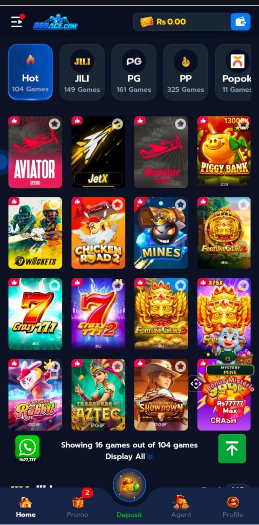 888ACE Game home screen interface